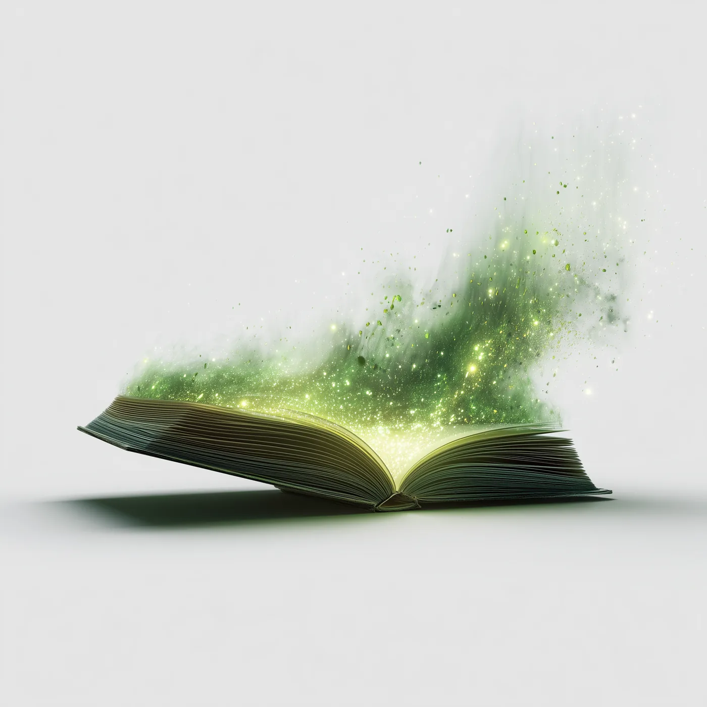 Open book emitting green light on a clean background.