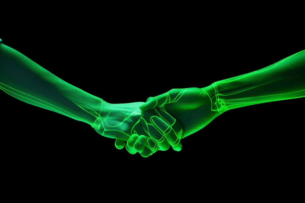 Futuristic handshake rendered in green light.