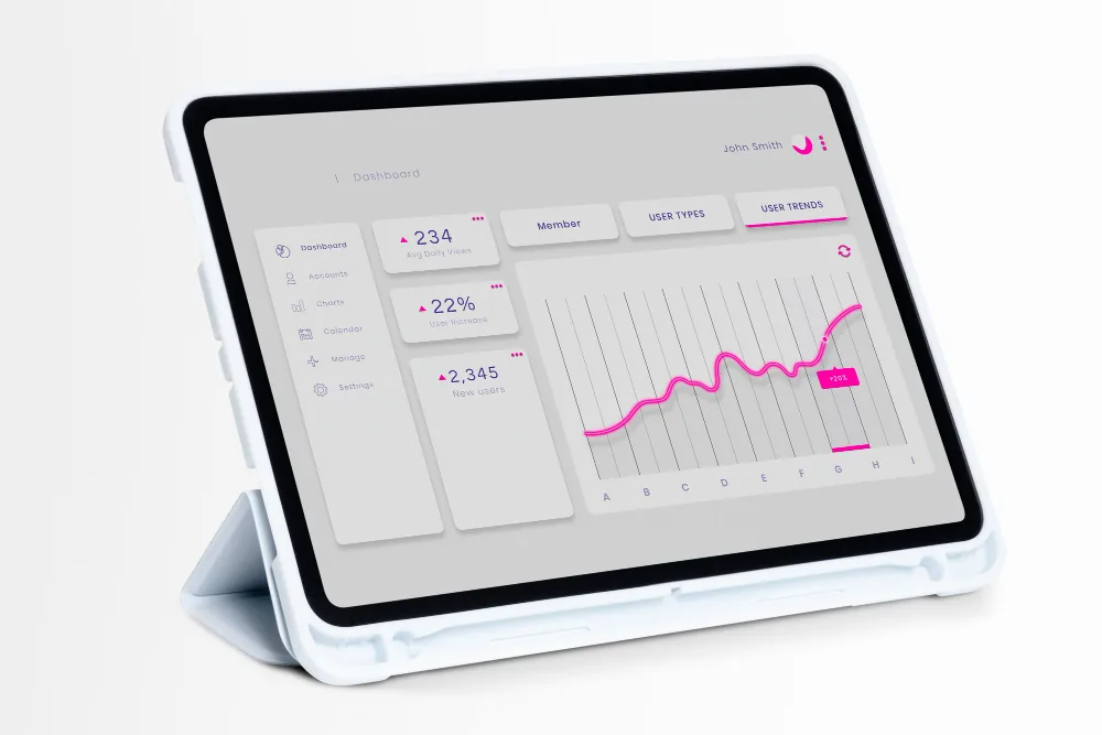 Clean analytics dashboard on a tablet.