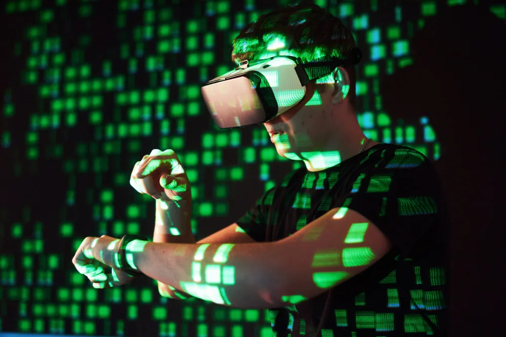 Futuristic AI operator surrounded by green marketing data.