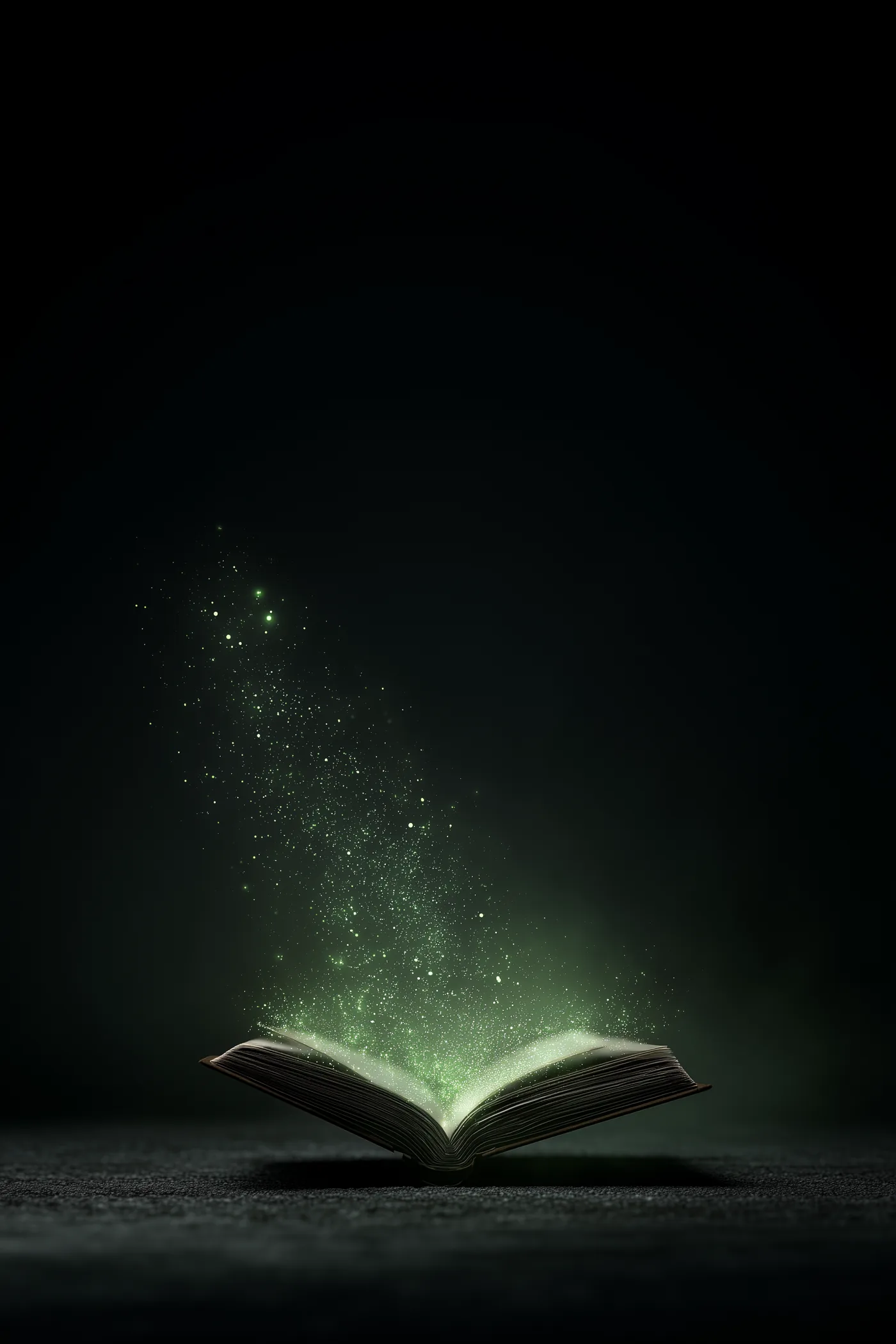 Open book glowing in a dark cosmic studio environment.